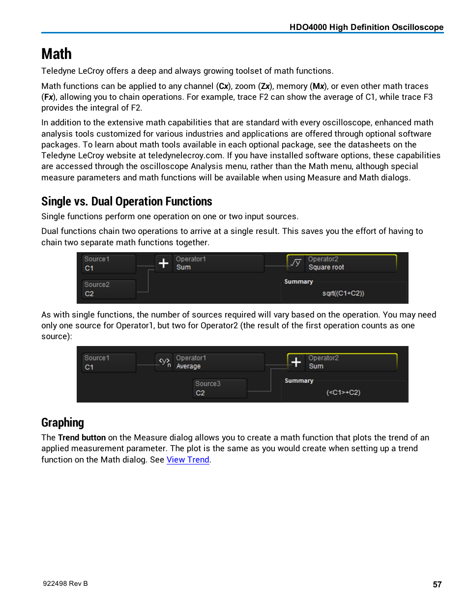 Math, Single vs. dual operation functions, Graphing | Teledyne LeCroy HDO 4000 Operators Manual User Manual | Page 65 / 122