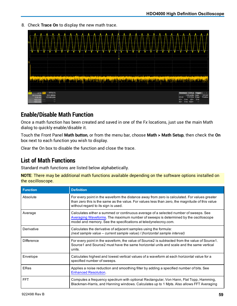 Enable/disable math function, List of math functions | Teledyne LeCroy HDO 4000 Operators Manual User Manual | Page 67 / 122