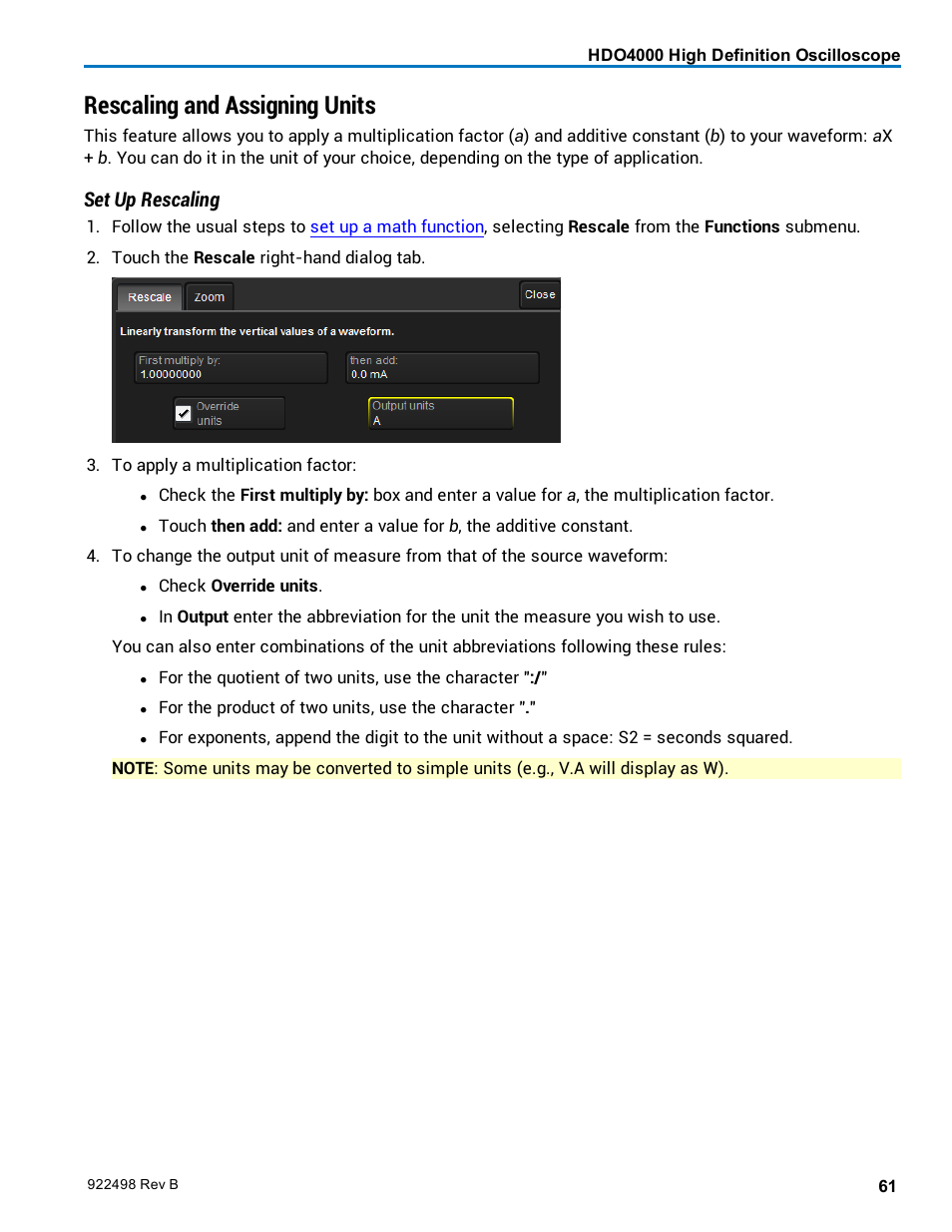 Rescaling and assigning units, Set up rescaling | Teledyne LeCroy HDO 4000 Operators Manual User Manual | Page 69 / 122