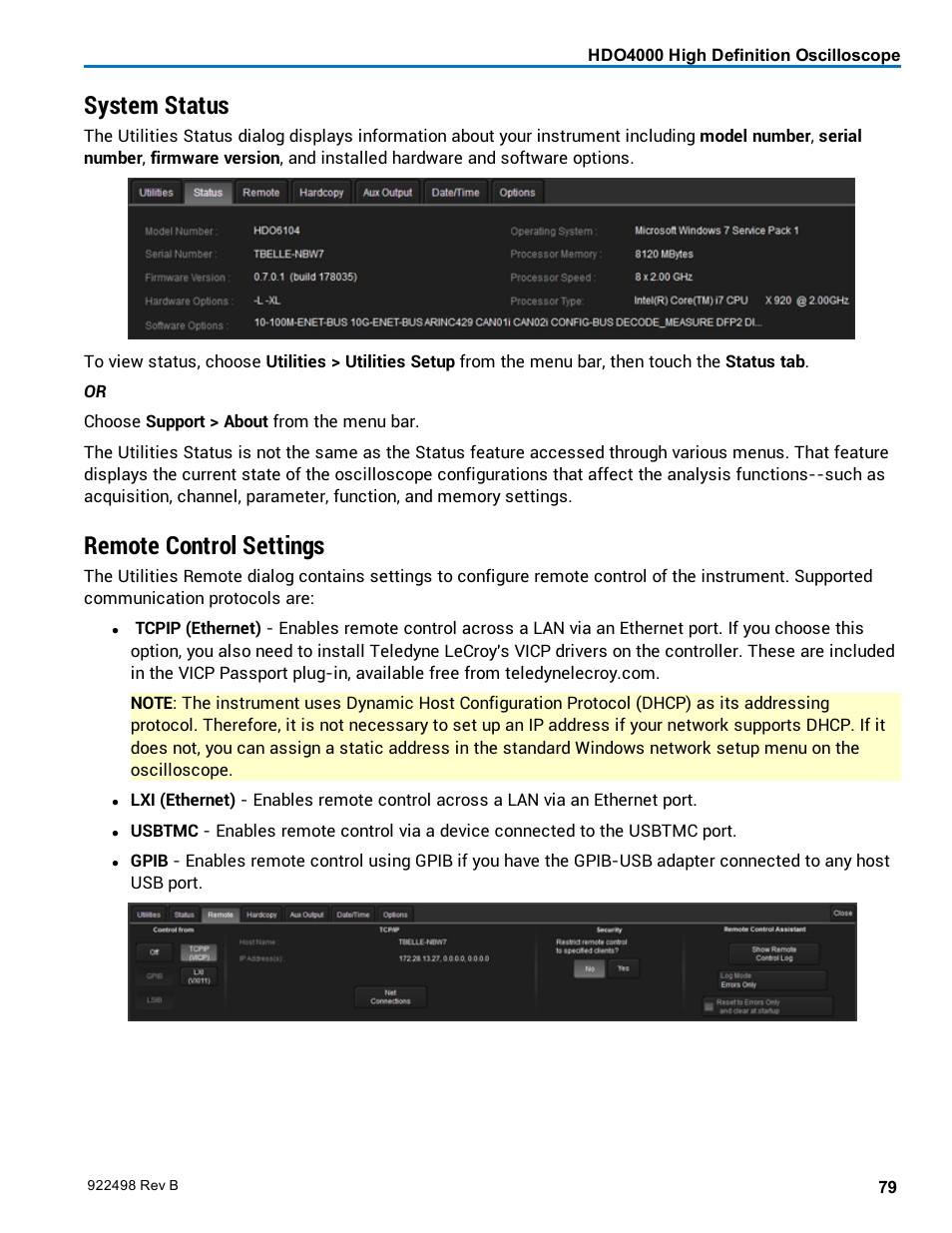 System status, Remote control settings, Configure remote contro | Remote control | Teledyne LeCroy HDO 4000 Operators Manual User Manual | Page 87 / 122