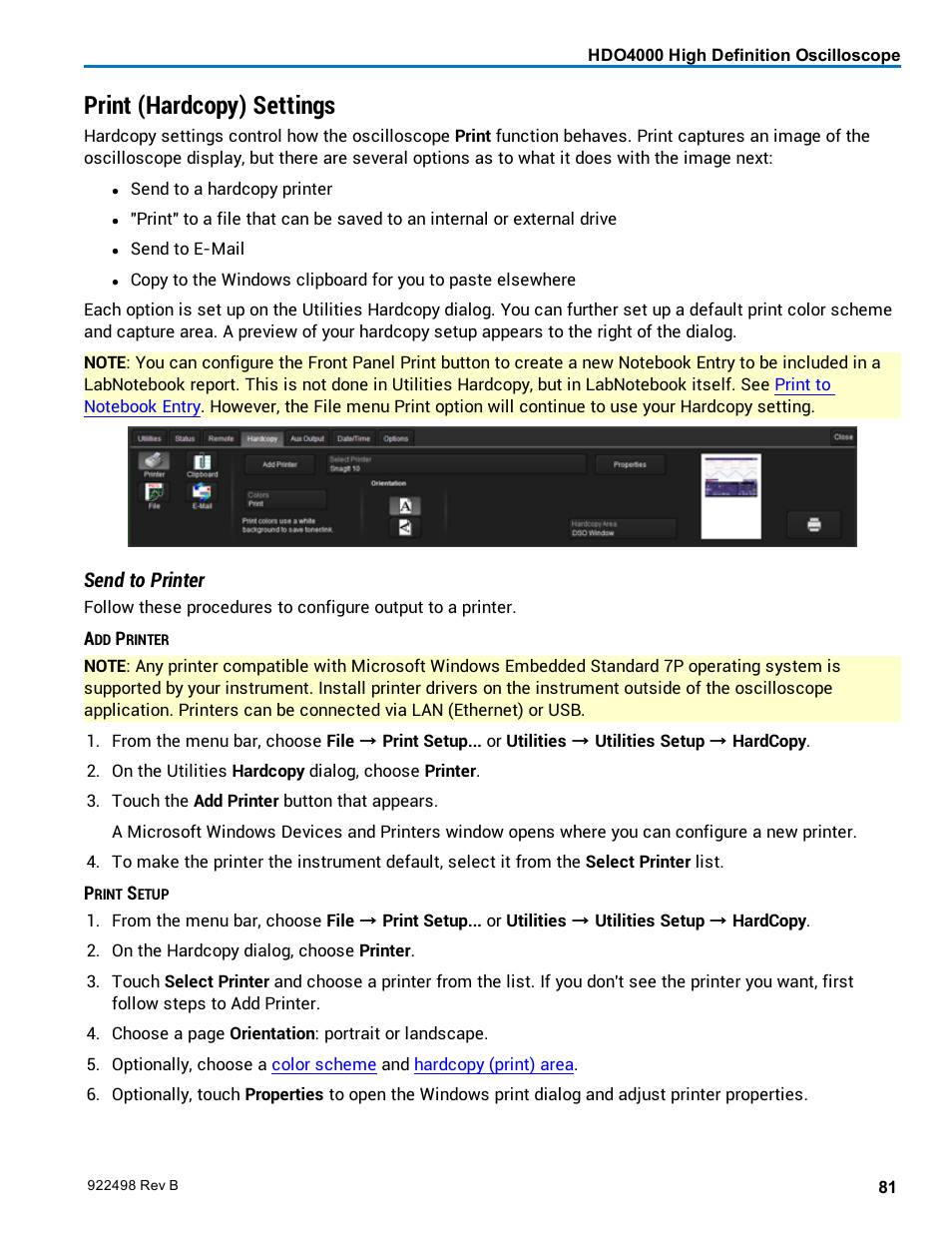 Print (hardcopy) settings, Configure printer settings, Hardcopy setup | Send to printer | Teledyne LeCroy HDO 4000 Operators Manual User Manual | Page 89 / 122