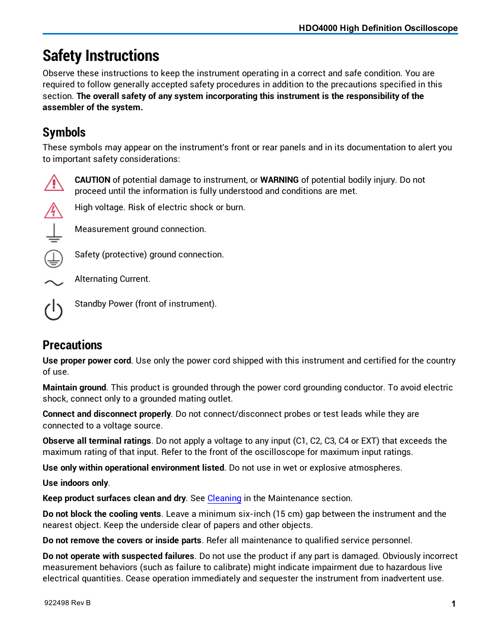 Safety instructions, Symbols, Precautions | Teledyne LeCroy HDO 4000 Operators Manual User Manual | Page 9 / 122
