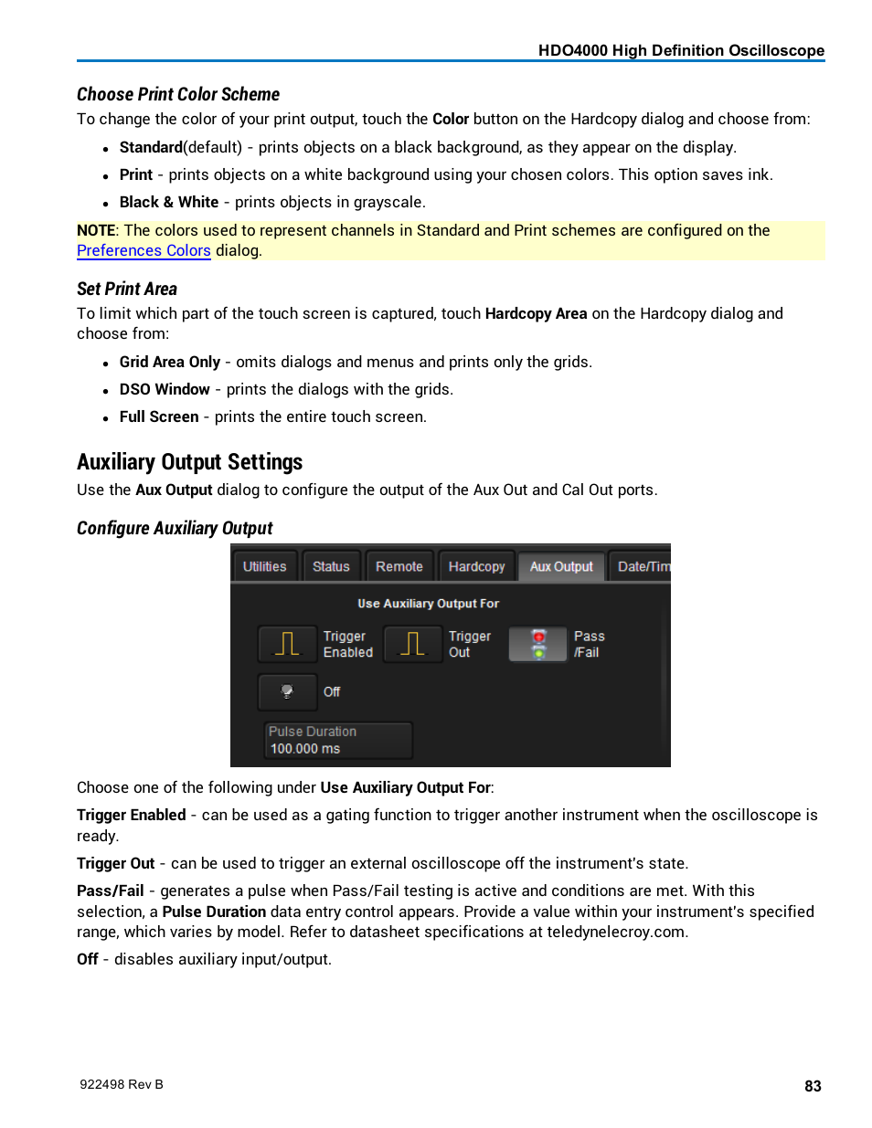 Auxiliary output settings, Configure the output, Auxilliary output | Choose print color scheme, Set print area, Configure auxiliary output | Teledyne LeCroy HDO 4000 Operators Manual User Manual | Page 91 / 122