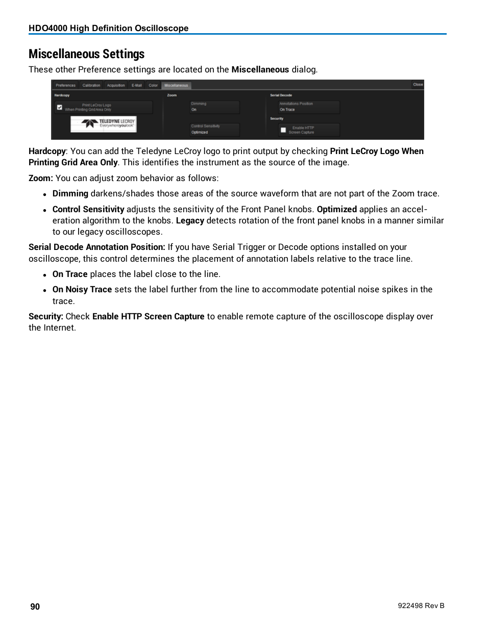 Miscellaneous settings, Miscellaneous | Teledyne LeCroy HDO 4000 Operators Manual User Manual | Page 98 / 122