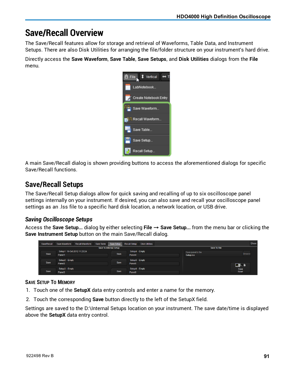 Save/recall overview, Save/recall setups | Teledyne LeCroy HDO 4000 Operators Manual User Manual | Page 99 / 122