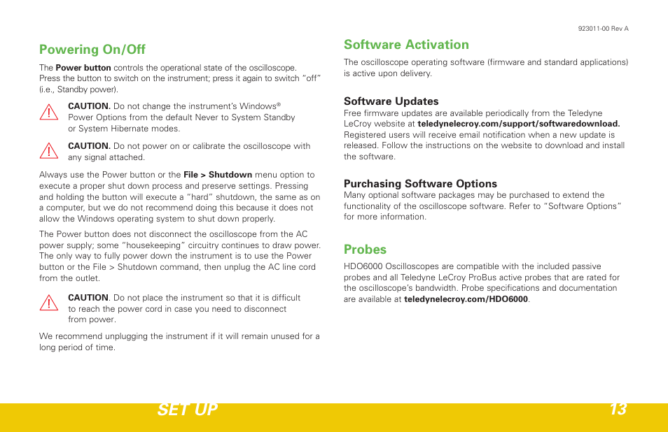 Set up 13, Powering on/off, Software activation | Probes | Teledyne LeCroy HDO 6000 Getting Started Guide User Manual | Page 17 / 50