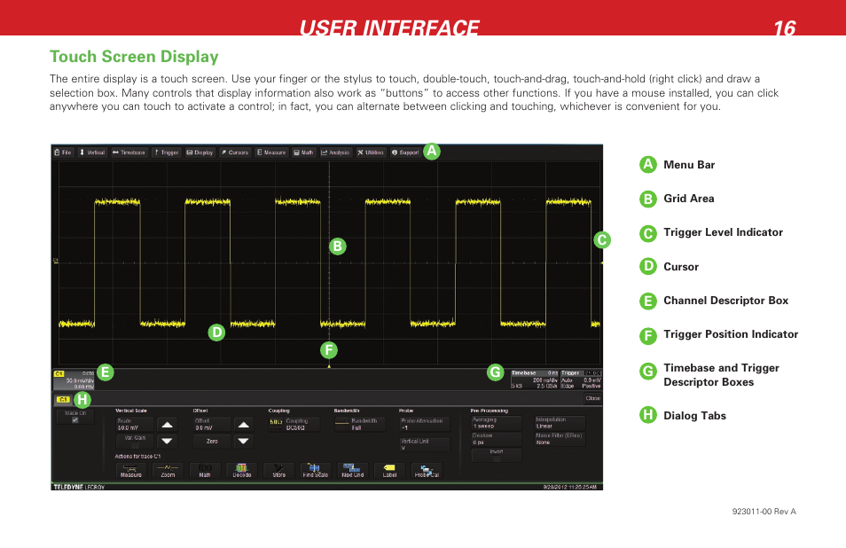 User interface 16, Touch screen display | Teledyne LeCroy HDO 6000 Getting Started Guide User Manual | Page 20 / 50