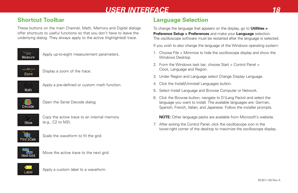User interface 18, Shortcut toolbar language selection | Teledyne LeCroy HDO 6000 Getting Started Guide User Manual | Page 22 / 50