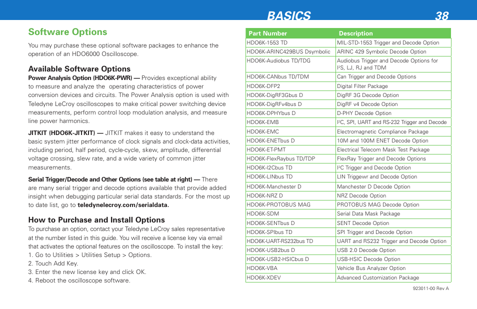 Basics 38, Software options, Available software options | How to purchase and install options | Teledyne LeCroy HDO 6000 Getting Started Guide User Manual | Page 42 / 50