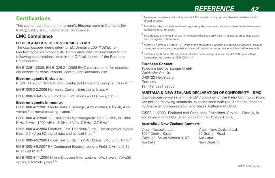Reference 42, Certifications, Emc compliance | Teledyne LeCroy HDO 6000 Getting Started Guide User Manual | Page 46 / 50