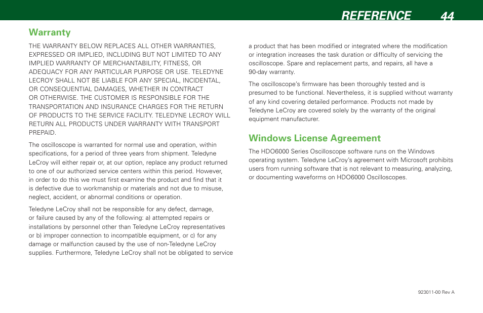 Reference 44, Warranty, Windows license agreement | Teledyne LeCroy HDO 6000 Getting Started Guide User Manual | Page 48 / 50