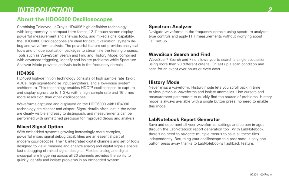 Introduction 2, About the hdo6000 oscillosocopes | Teledyne LeCroy HDO 6000 Getting Started Guide User Manual | Page 6 / 50