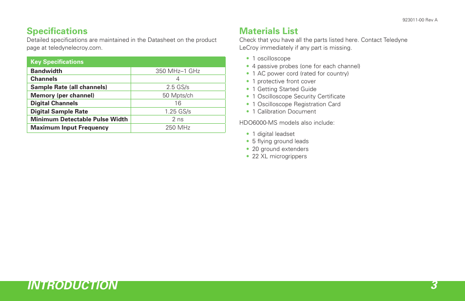 Introduction 3, Specifications, Materials list | Teledyne LeCroy HDO 6000 Getting Started Guide User Manual | Page 7 / 50