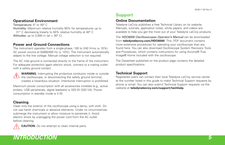 Introduction 5, Support | Teledyne LeCroy HDO 6000 Getting Started Guide User Manual | Page 9 / 50