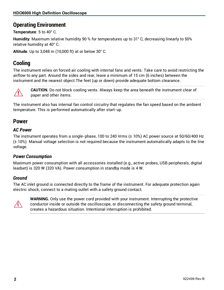 Operating environment, Cooling, Power | Teledyne LeCroy HDO6000 Operators Manual User Manual | Page 10 / 142