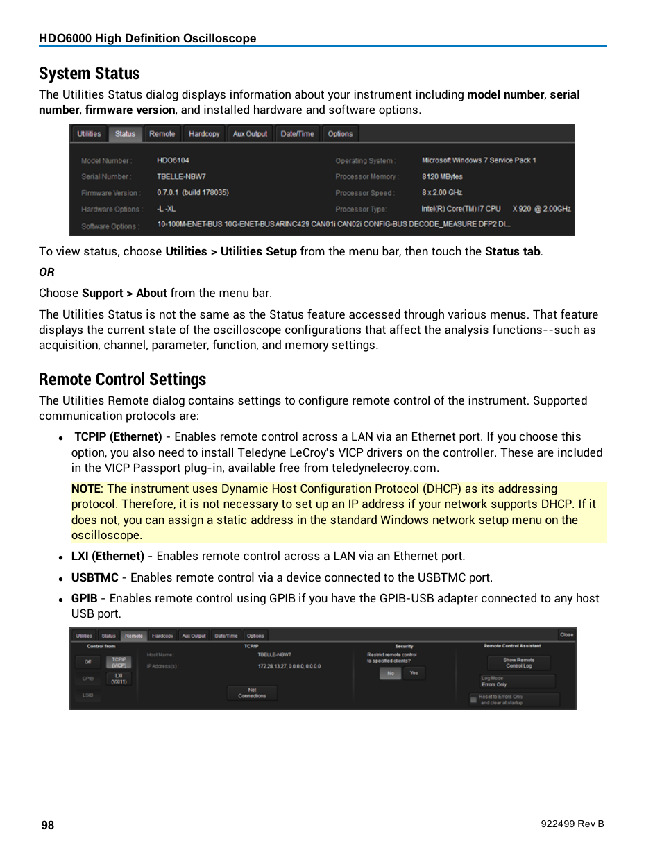 System status, Remote control settings, Configure remote contro | Remote control | Teledyne LeCroy HDO6000 Operators Manual User Manual | Page 106 / 142