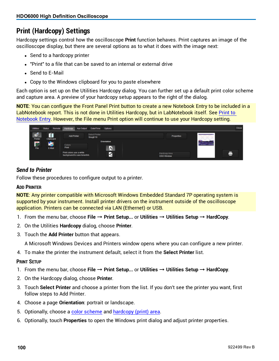 Print (hardcopy) settings, Configure printer settings, Hardcopy settings | Hardcopy setup, Send to printer | Teledyne LeCroy HDO6000 Operators Manual User Manual | Page 108 / 142