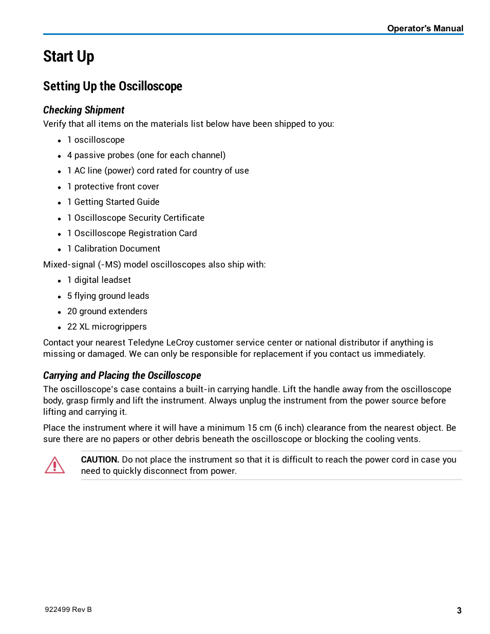 Start up, Setting up the oscilloscope, Checking shipment | Carrying and placing the oscilloscope | Teledyne LeCroy HDO6000 Operators Manual User Manual | Page 11 / 142