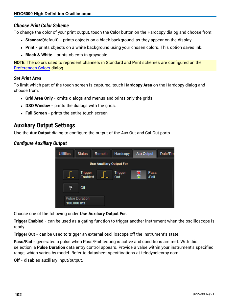 Auxiliary output settings, Configure the output, Auxilliary output | Choose print color scheme, Set print area, Configure auxiliary output | Teledyne LeCroy HDO6000 Operators Manual User Manual | Page 110 / 142