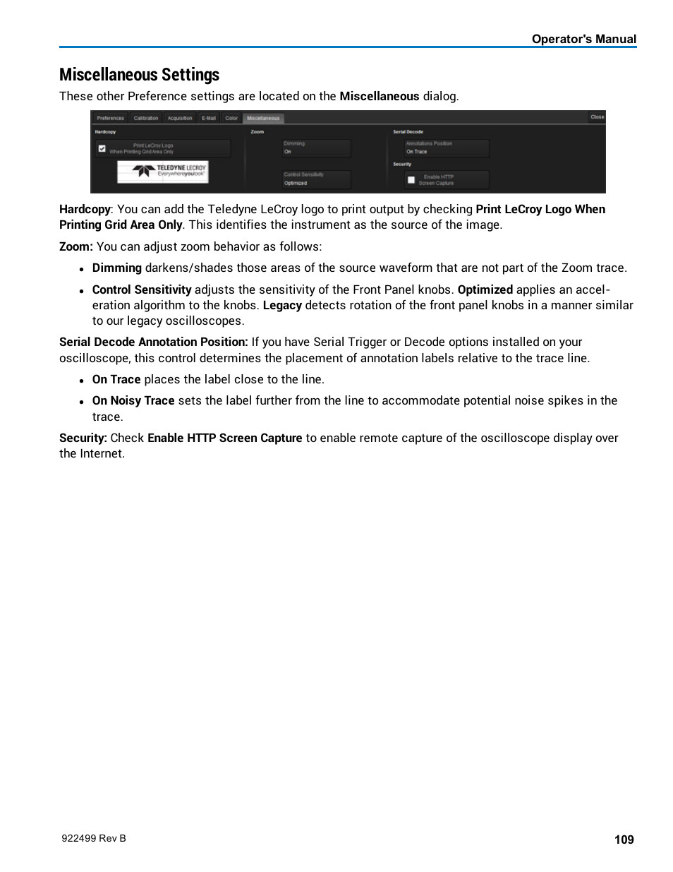 Miscellaneous settings, Miscellaneous | Teledyne LeCroy HDO6000 Operators Manual User Manual | Page 117 / 142