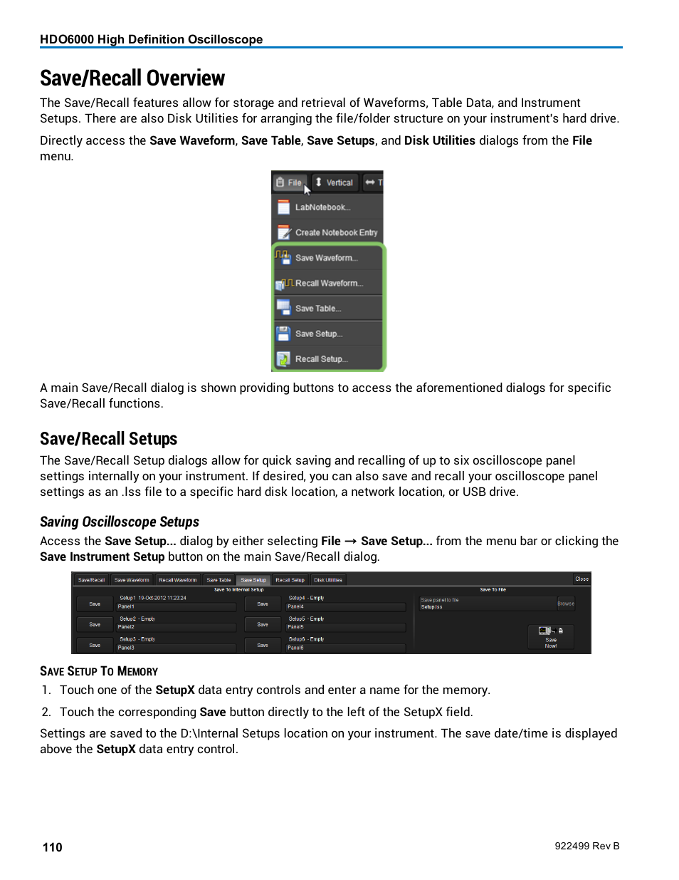 Save/recall overview, Save/recall setups | Teledyne LeCroy HDO6000 Operators Manual User Manual | Page 118 / 142