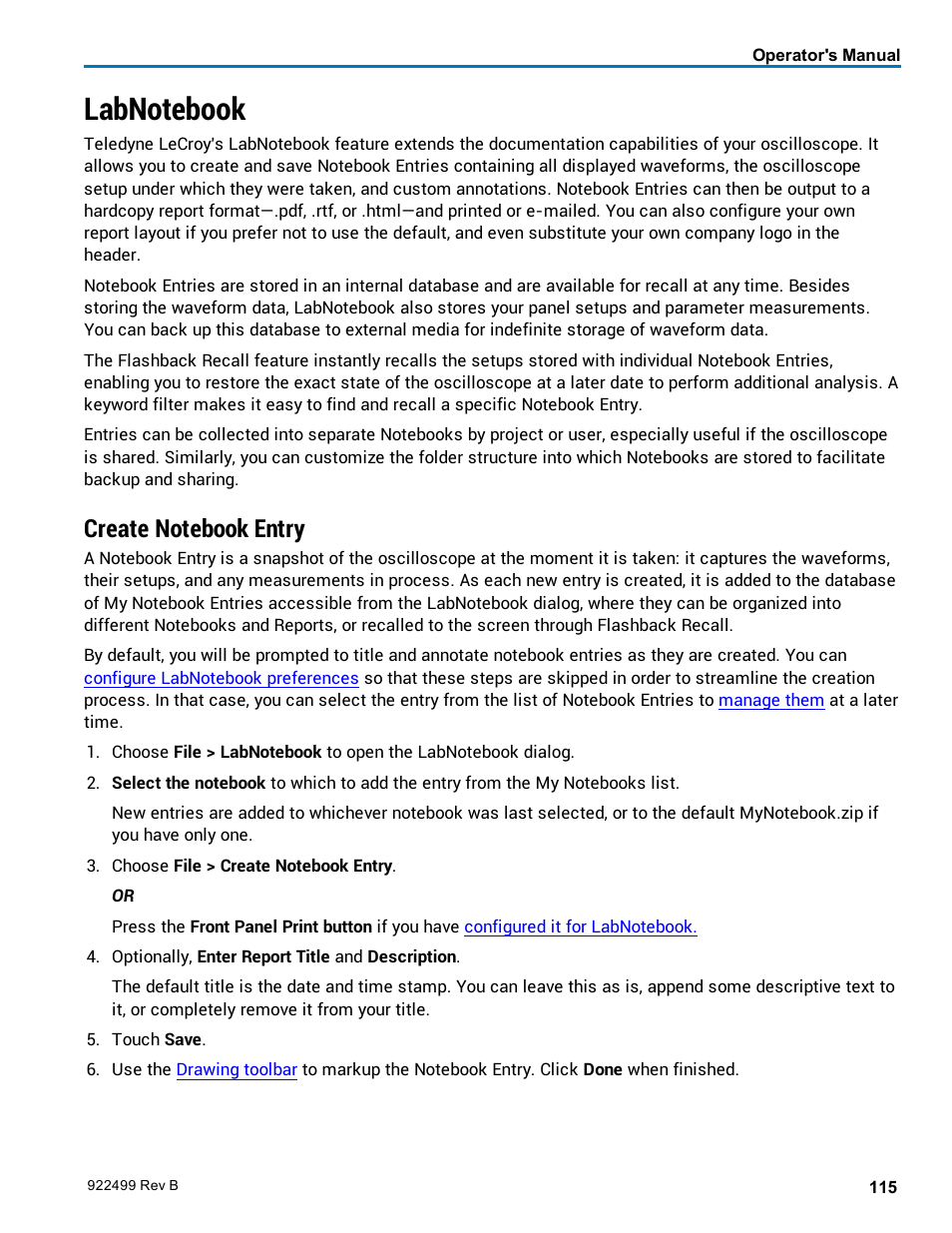 Labnotebook, Create notebook entry | Teledyne LeCroy HDO6000 Operators Manual User Manual | Page 123 / 142