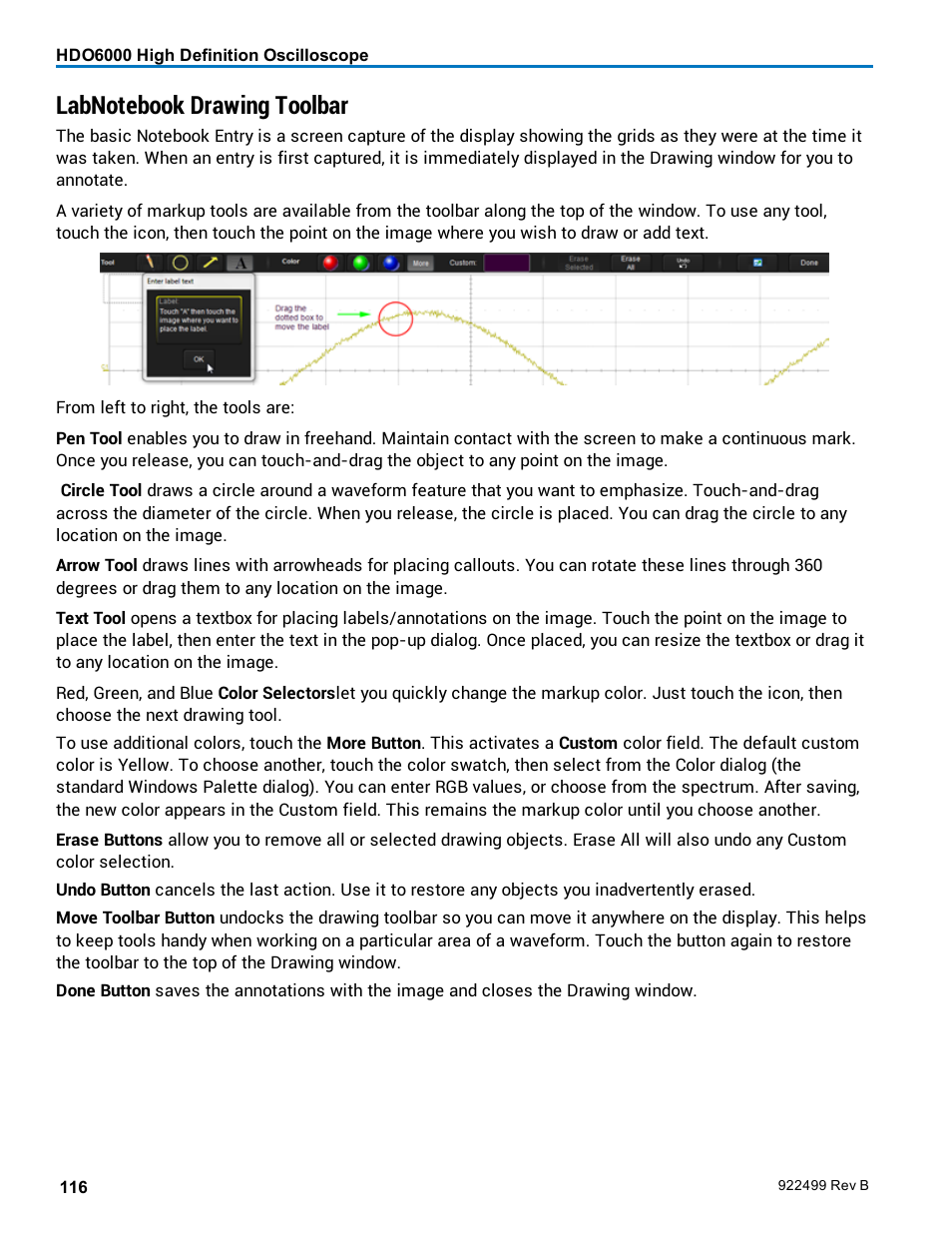 Labnotebook drawing toolbar, Drawing toolbar | Teledyne LeCroy HDO6000 Operators Manual User Manual | Page 124 / 142