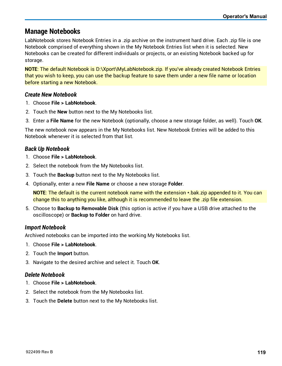 Manage notebooks, Backed up the notebook | Teledyne LeCroy HDO6000 Operators Manual User Manual | Page 127 / 142