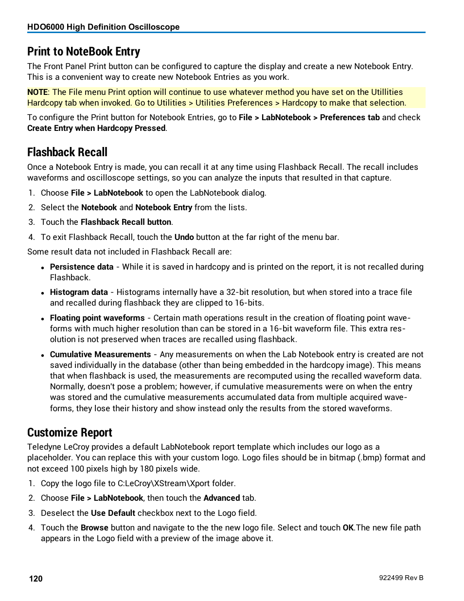 Print to notebook entry, Flashback recall, Customize report | Output a labnotebook entry, Configured it for labnotebook, Custom format | Teledyne LeCroy HDO6000 Operators Manual User Manual | Page 128 / 142
