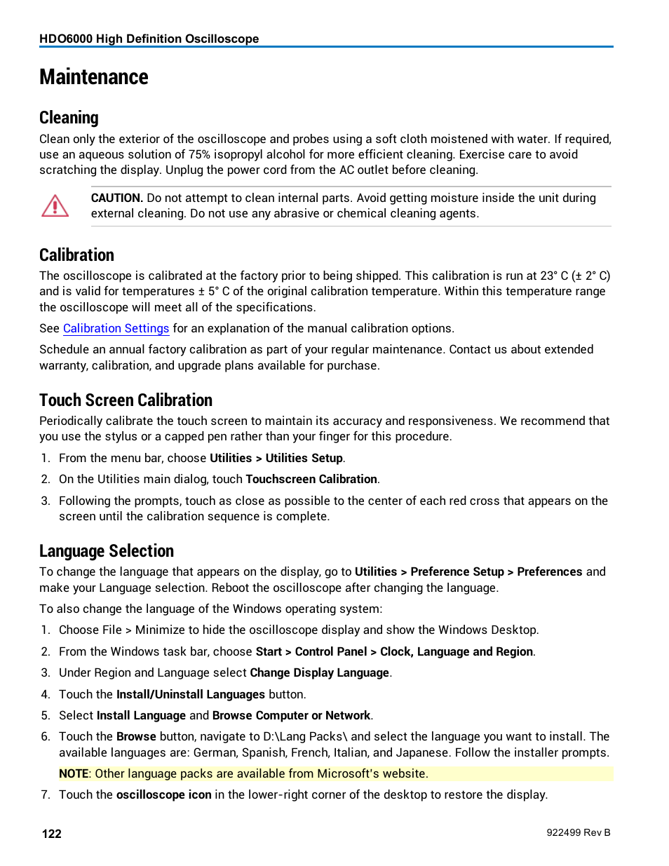 Maintenance, Cleaning, Calibration | Touch screen calibration, Language selection | Teledyne LeCroy HDO6000 Operators Manual User Manual | Page 130 / 142
