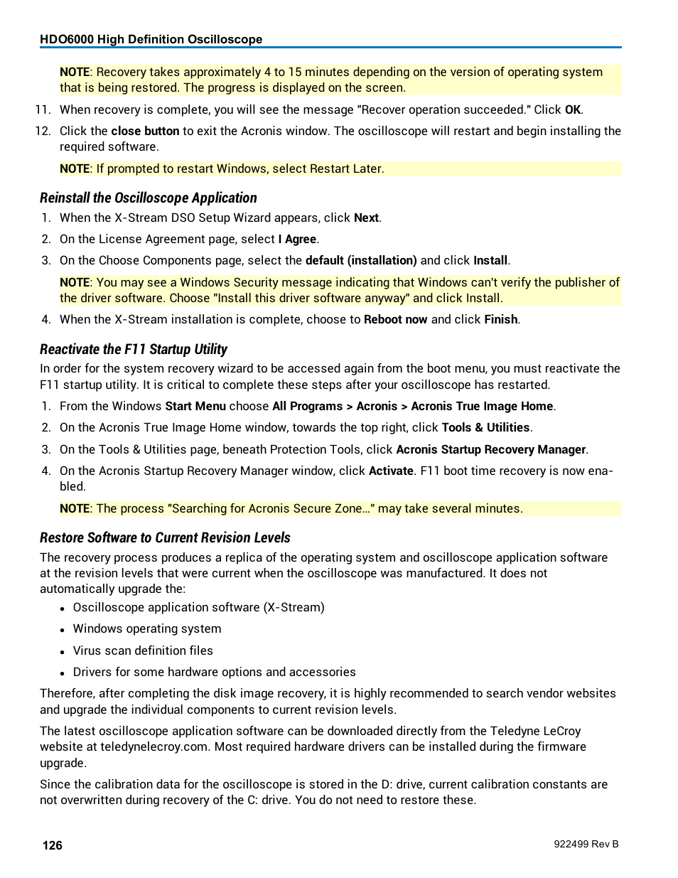 Reinstall the oscilloscope application, Reactivate the f11 startup utility, Restore software to current revision levels | Teledyne LeCroy HDO6000 Operators Manual User Manual | Page 134 / 142
