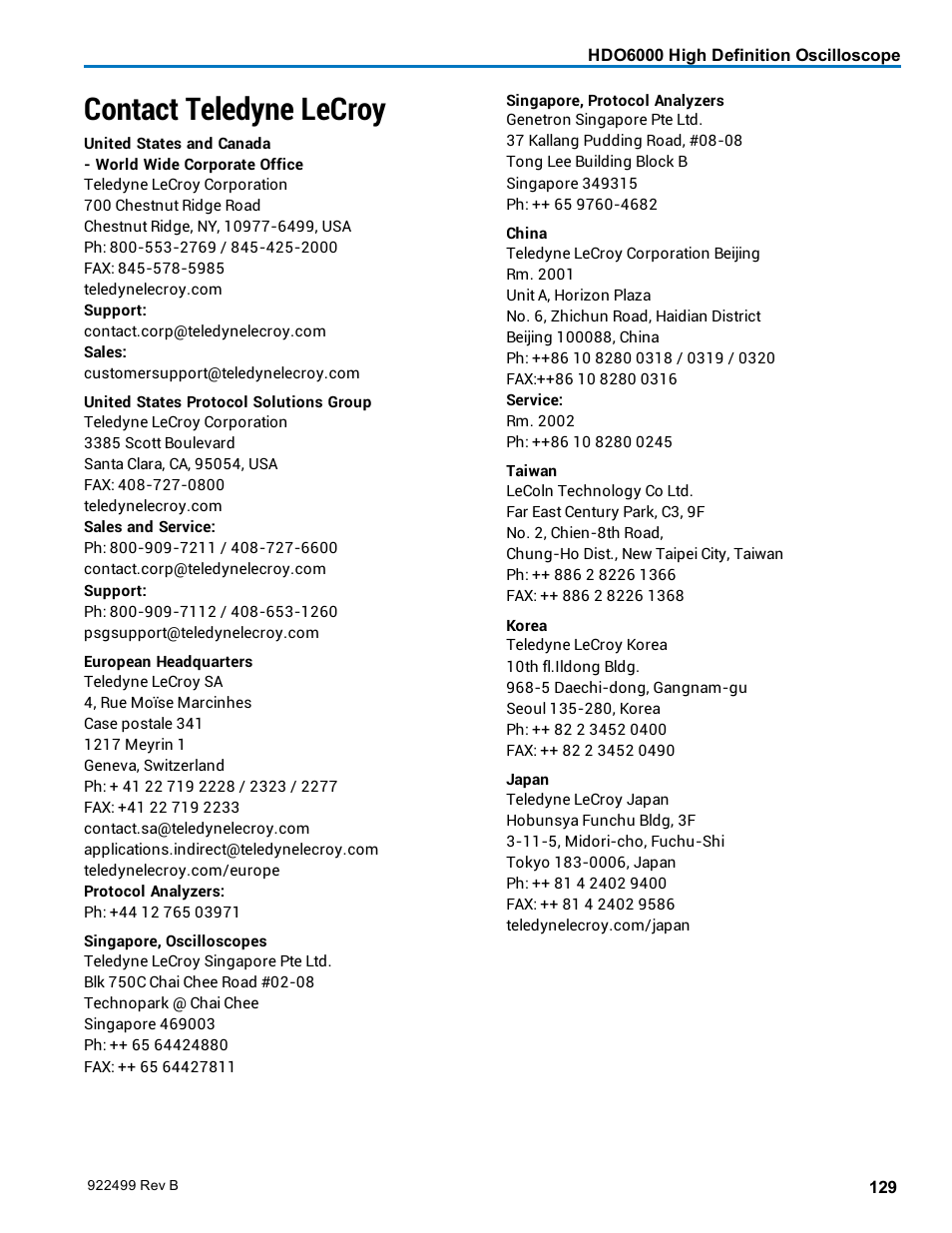 Contact teledyne lecroy | Teledyne LeCroy HDO6000 Operators Manual User Manual | Page 137 / 142