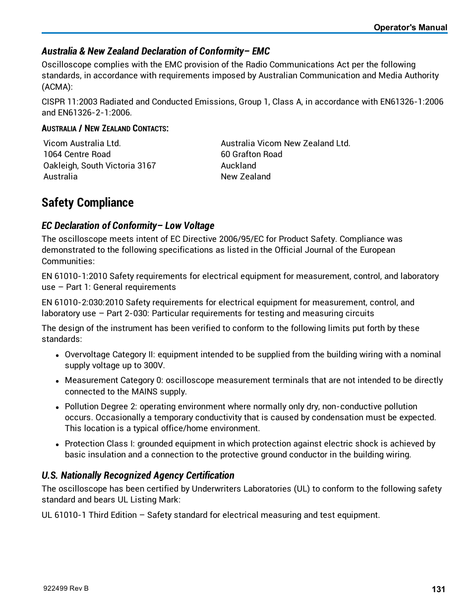 Safety compliance, Ec declaration of conformity– low voltage, U.s. nationally recognized agency certification | Teledyne LeCroy HDO6000 Operators Manual User Manual | Page 139 / 142