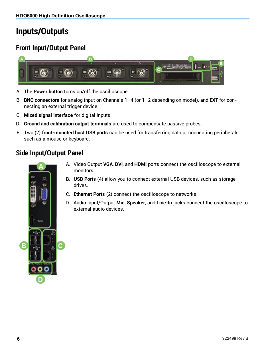 Inputs/outputs, Front input/output panel, Side input/output panel | Teledyne LeCroy HDO6000 Operators Manual User Manual | Page 14 / 142