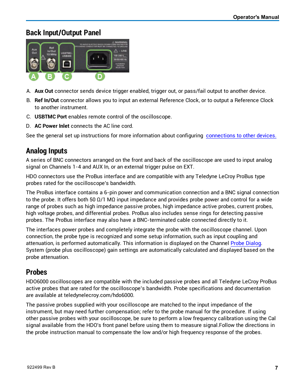 Back input/output panel, Analog inputs, Probes | Teledyne LeCroy HDO6000 Operators Manual User Manual | Page 15 / 142