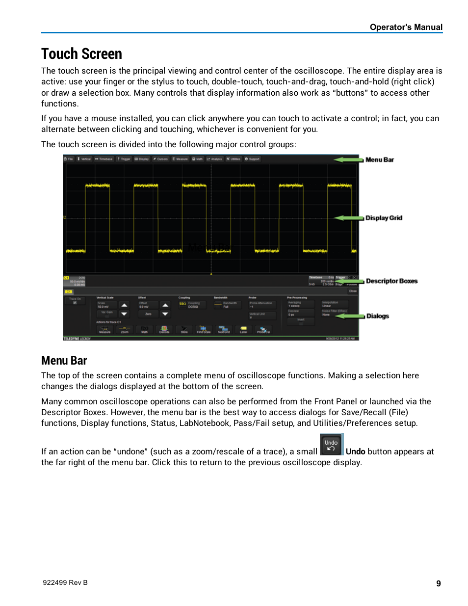 Touch screen, Menu bar | Teledyne LeCroy HDO6000 Operators Manual User Manual | Page 17 / 142