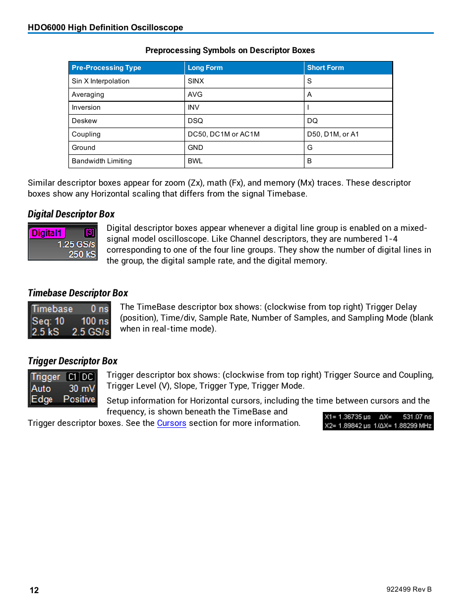 Digital descriptor box, Timebase descriptor box, Trigger descriptor box | Teledyne LeCroy HDO6000 Operators Manual User Manual | Page 20 / 142