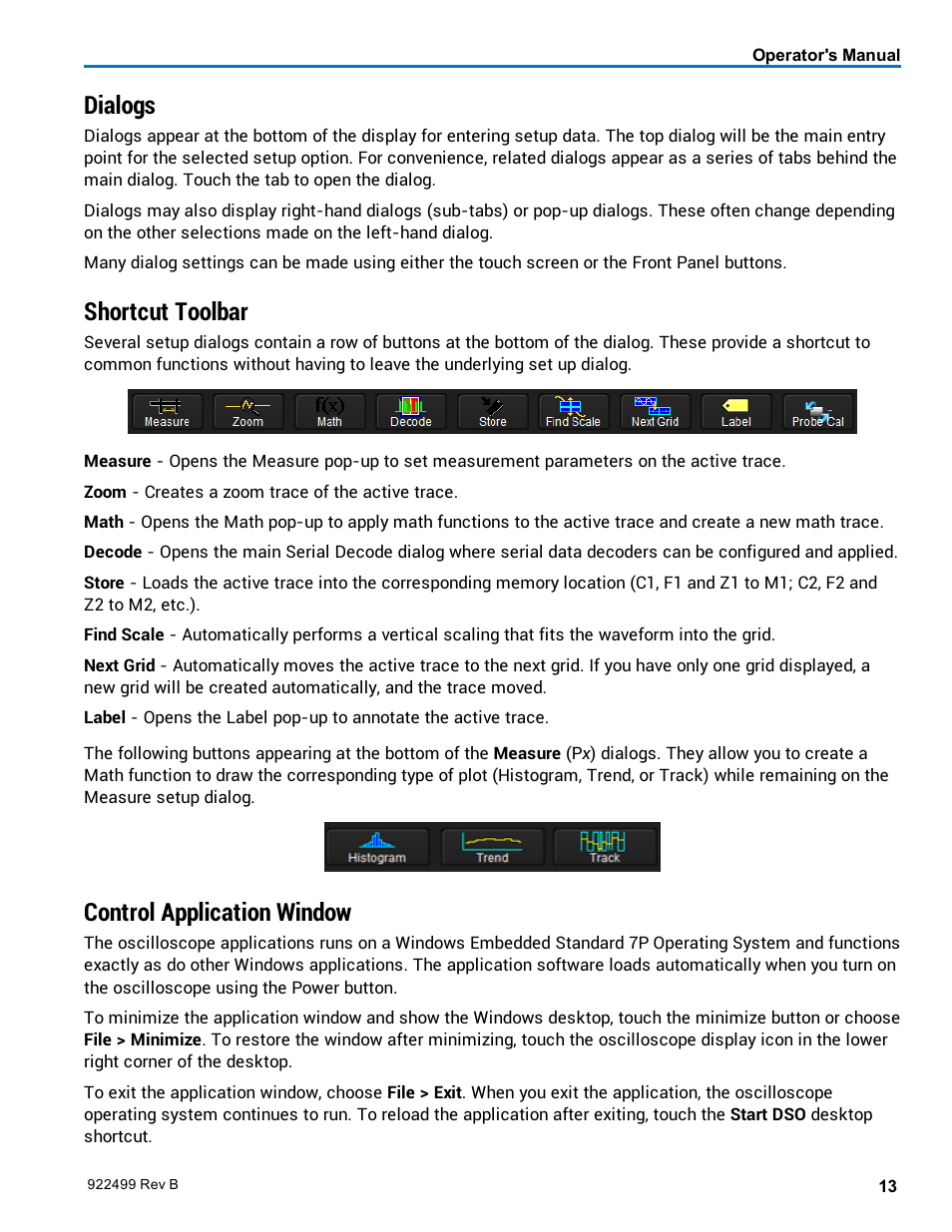 Dialogs, Shortcut toolbar, Control application window | Teledyne LeCroy HDO6000 Operators Manual User Manual | Page 21 / 142