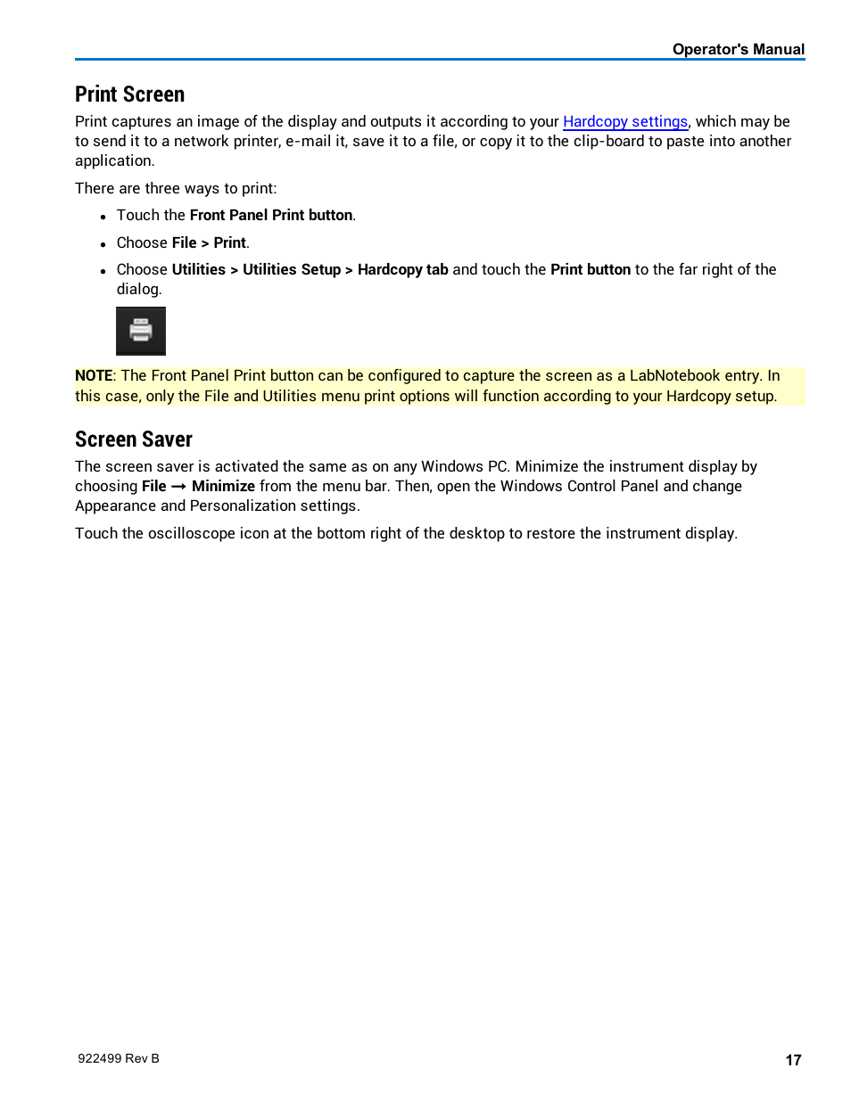 Print screen, Screen saver | Teledyne LeCroy HDO6000 Operators Manual User Manual | Page 25 / 142