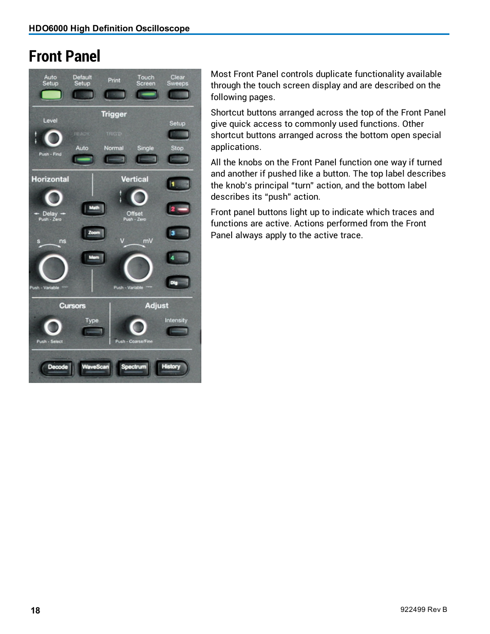 Front panel | Teledyne LeCroy HDO6000 Operators Manual User Manual | Page 26 / 142
