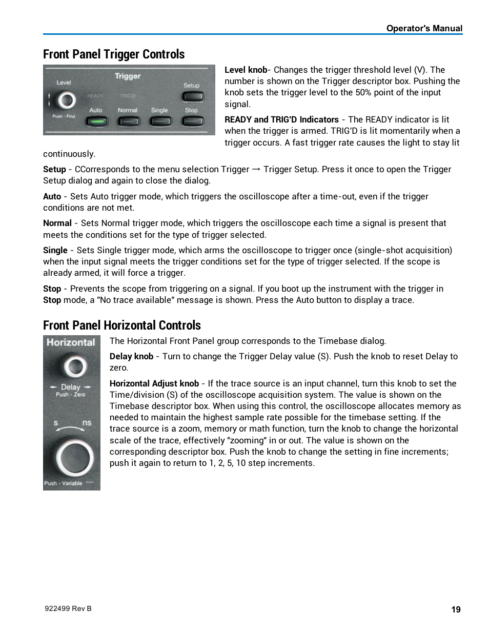 Front panel trigger controls, Front panel horizontal controls | Teledyne LeCroy HDO6000 Operators Manual User Manual | Page 27 / 142