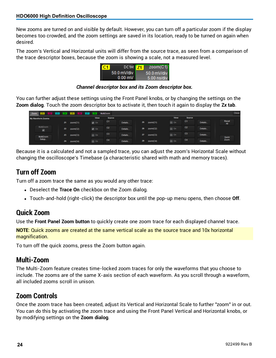Turn off zoom, Quick zoom, Multi-zoom | Zoom controls | Teledyne LeCroy HDO6000 Operators Manual User Manual | Page 32 / 142
