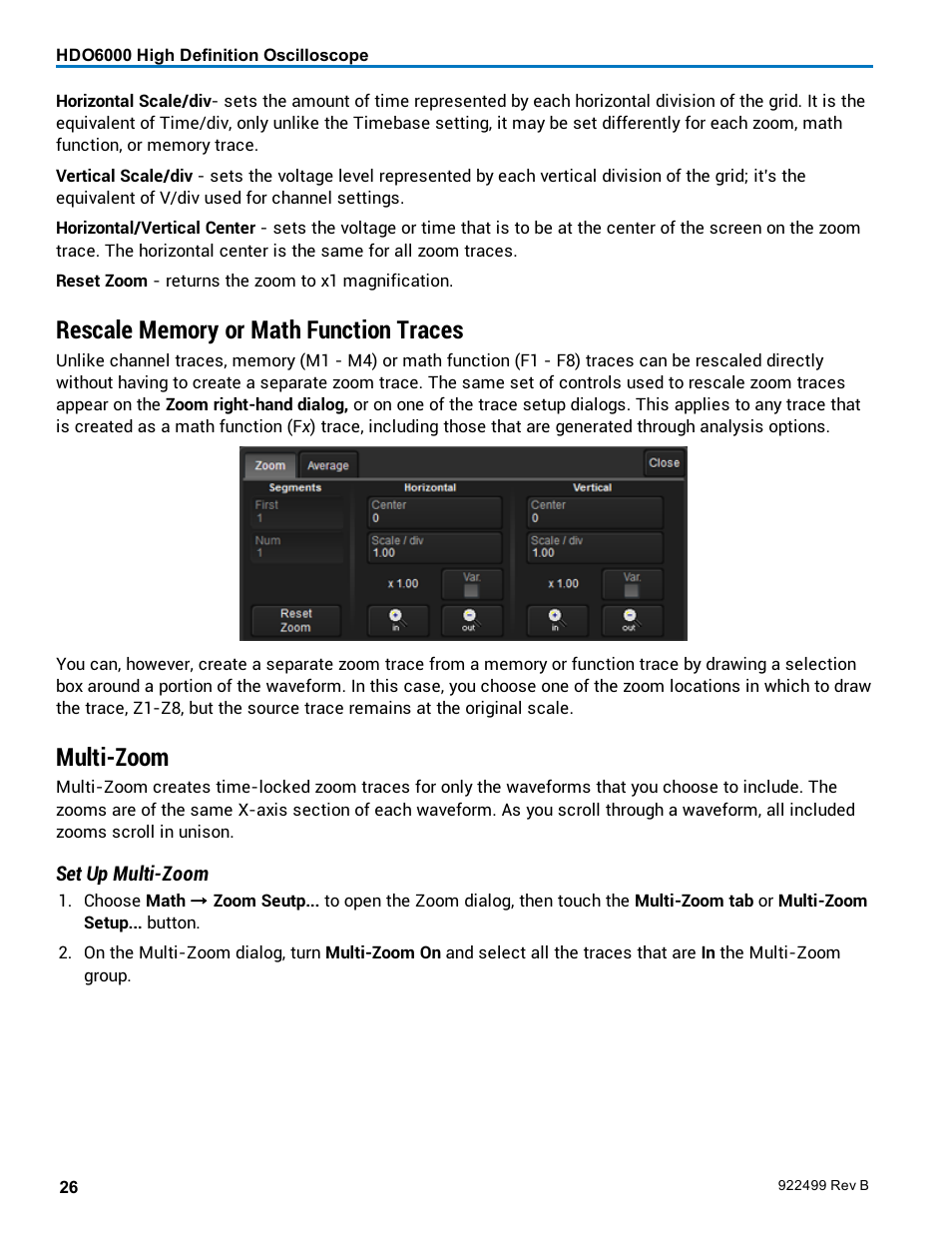 Rescale memory or math function traces, Multi-zoom | Teledyne LeCroy HDO6000 Operators Manual User Manual | Page 34 / 142