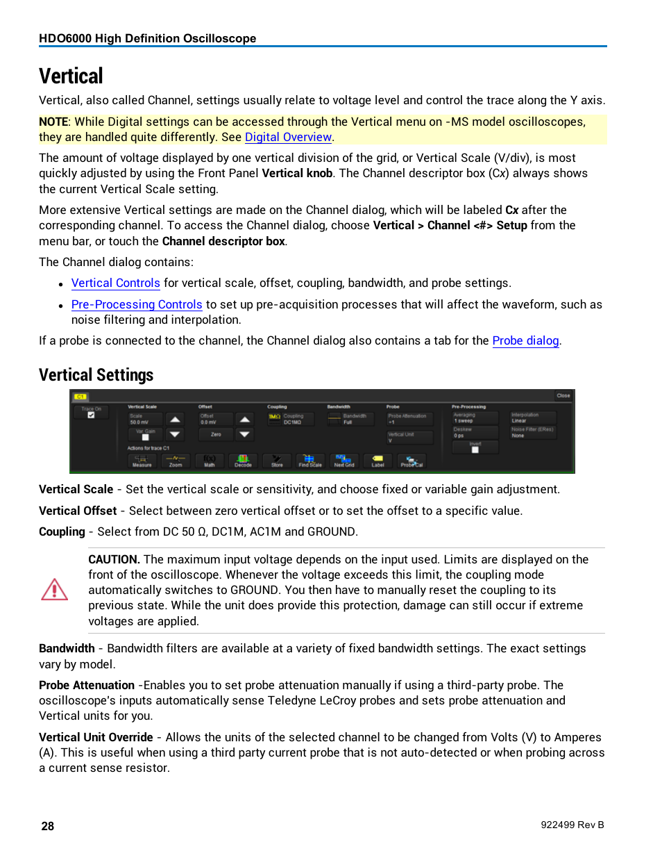 Vertical, Vertical settings | Teledyne LeCroy HDO6000 Operators Manual User Manual | Page 36 / 142