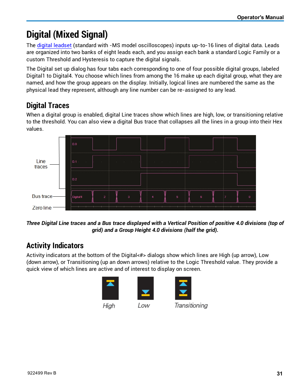 Digital (mixed signal), Digital traces, Activity indicators | Digital overview | Teledyne LeCroy HDO6000 Operators Manual User Manual | Page 39 / 142