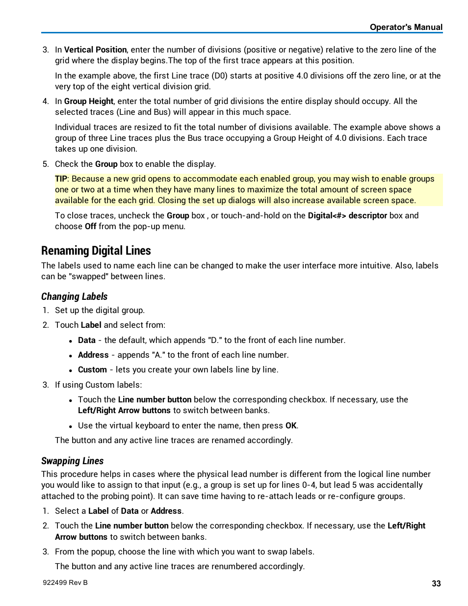 Renaming digital lines, Changing labels, Swapping lines | Teledyne LeCroy HDO6000 Operators Manual User Manual | Page 41 / 142