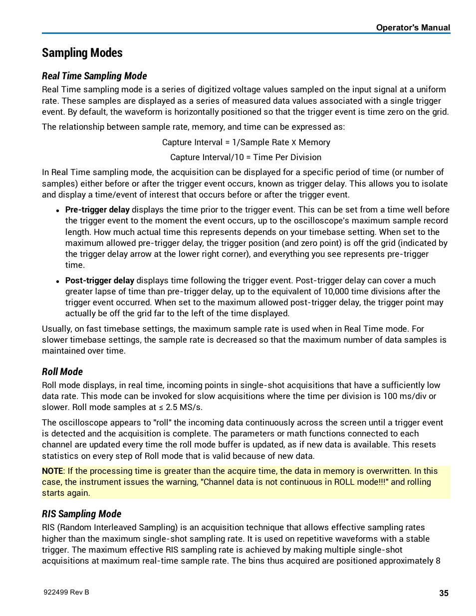 Sampling modes, Real time, Roll | Real time sampling mode | Teledyne LeCroy HDO6000 Operators Manual User Manual | Page 43 / 142