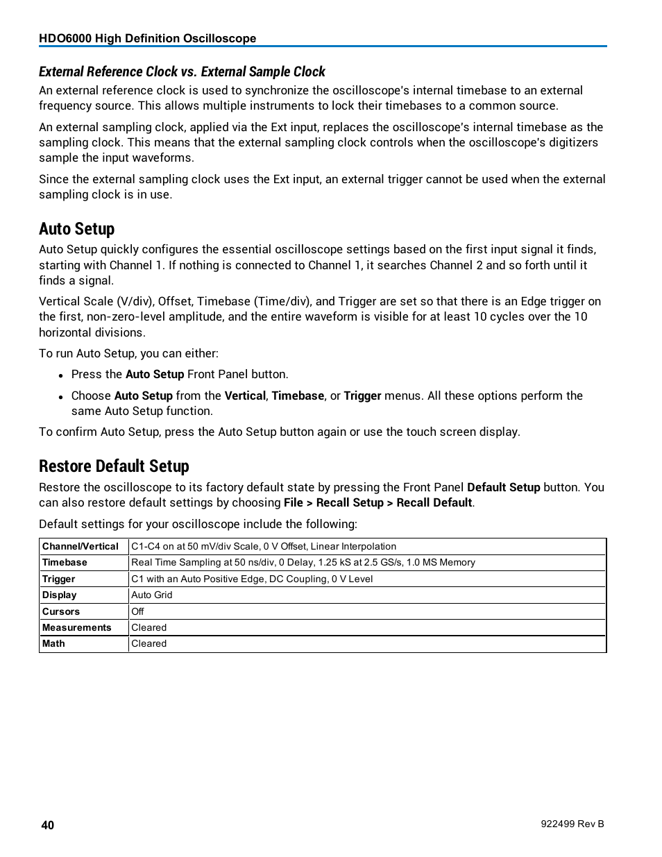Auto setup, Restore default setup, External reference clock vs. external sample clock | Teledyne LeCroy HDO6000 Operators Manual User Manual | Page 48 / 142