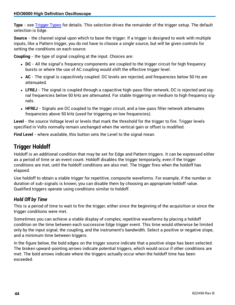 Trigger holdoff, Hold off by time | Teledyne LeCroy HDO6000 Operators Manual User Manual | Page 52 / 142