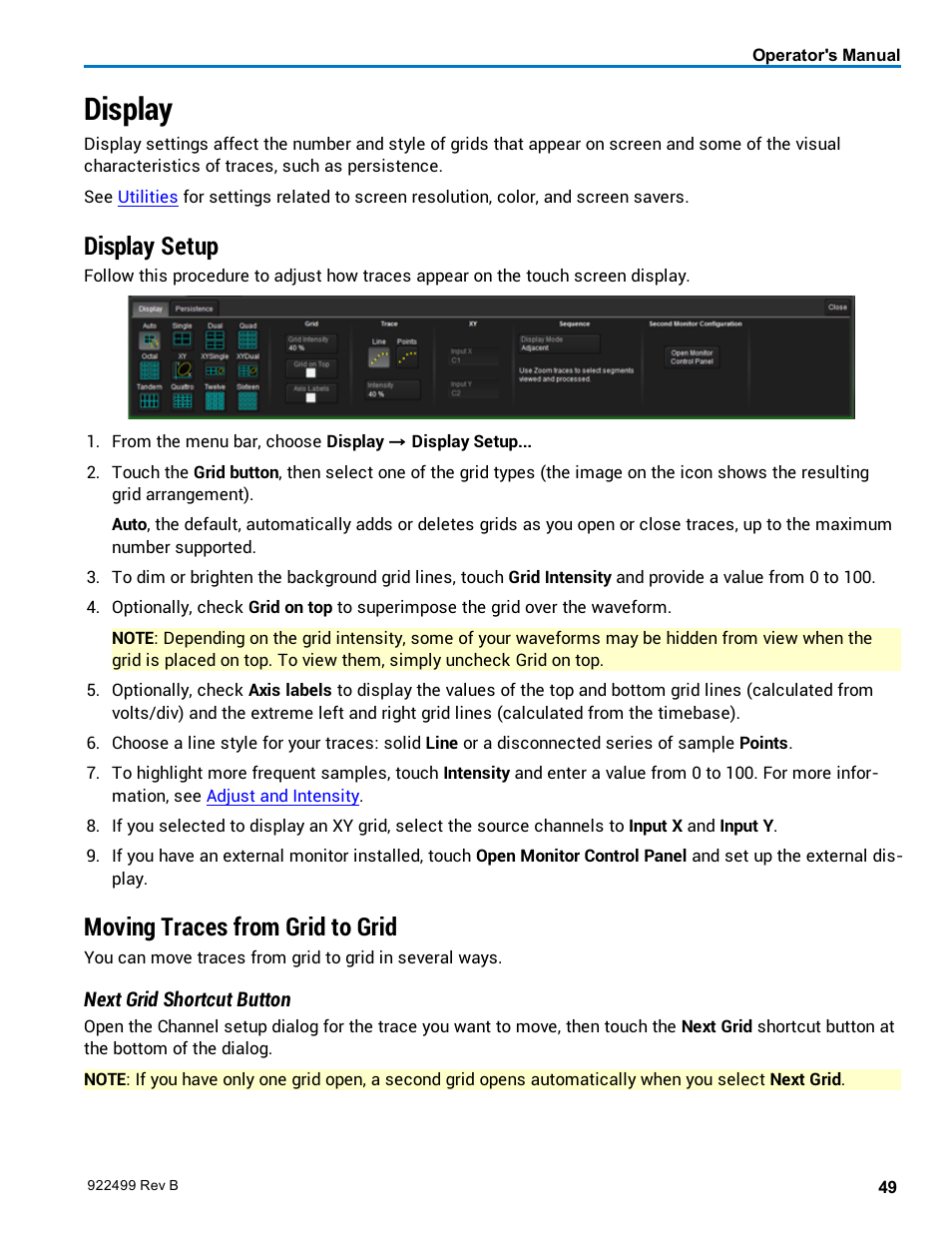 Display, Display setup, Moving traces from grid to grid | Teledyne LeCroy HDO6000 Operators Manual User Manual | Page 57 / 142
